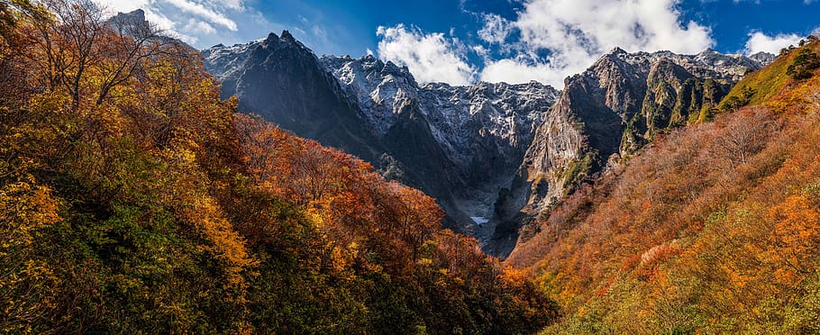 landscape, panorama, mountain, late autumn, autumnal leaves, first snow, white water rafting, japan, autumn, tree
