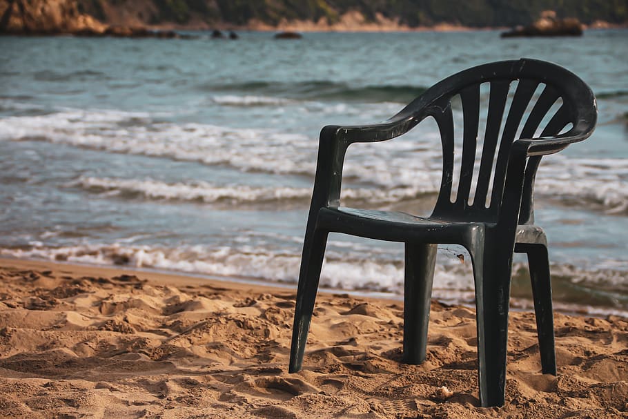 beach, empty, chair, abandoned, sea, plastic, worn, vacations, summer, water
