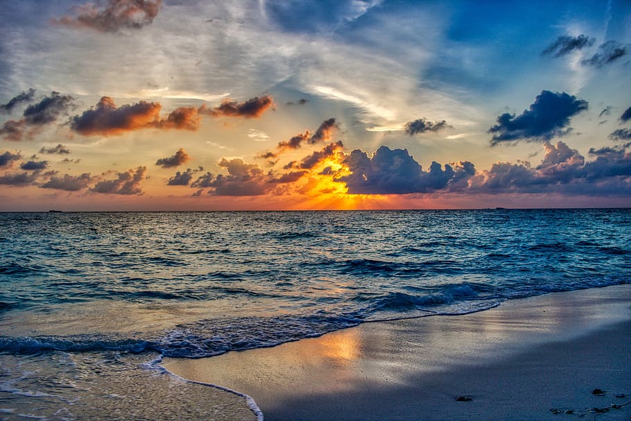 landscape, ocean, beach, sunset, summer, luxury, wave, cloud, maldives, nature