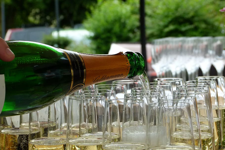 green wine bottle, champagne, semi sparkling wine, flute, pour, serve, mineral water, alcohol, celebration, reception