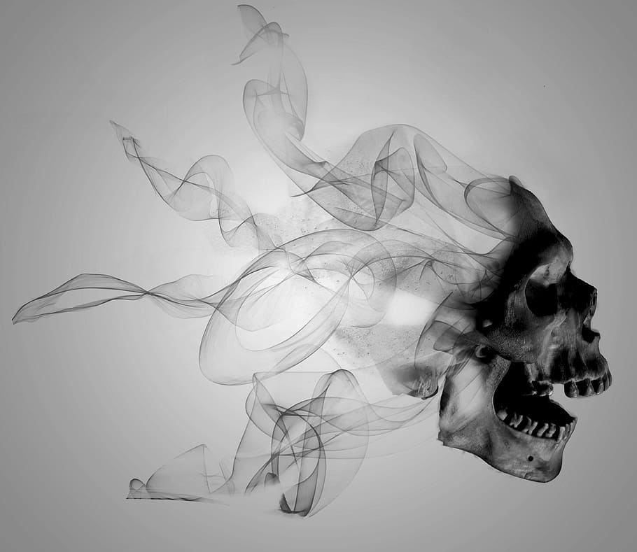 Ilustración del cráneo, arte, cráneos, humo, blanco y negro, cráneo, negro, muerte, esqueleto, horror