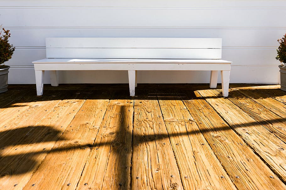 white, wooden, bench, ahead, brown, floor, wood, deck, wood - material, hardwood floor