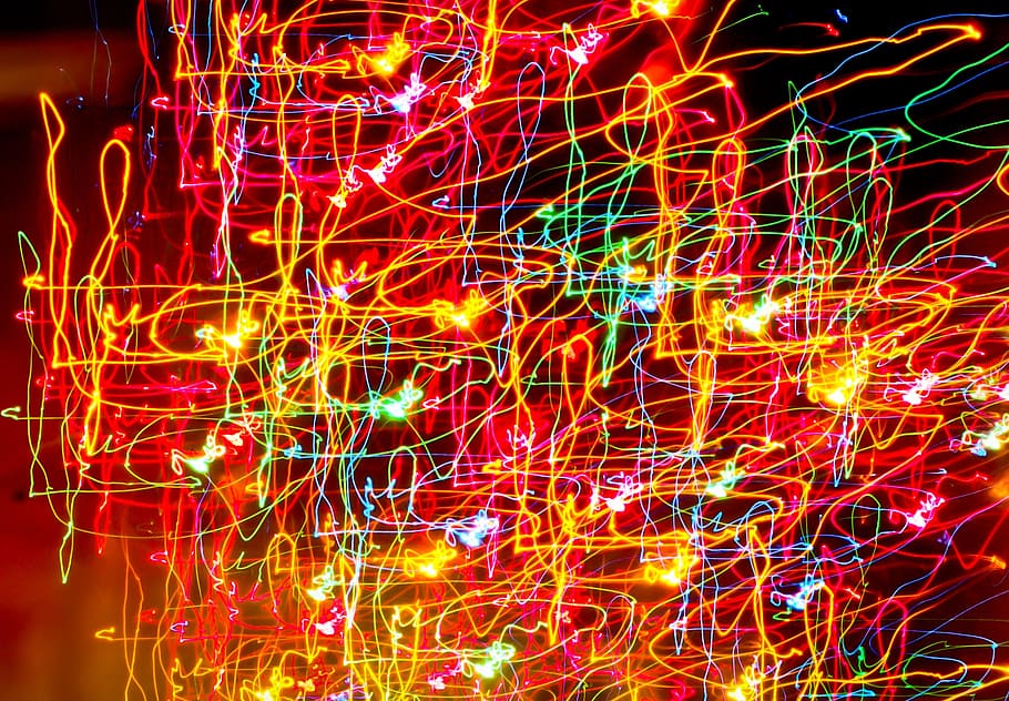 red, yellow, green, lights, night, neon, light trails, longtime exposure, wallpaper, colorful