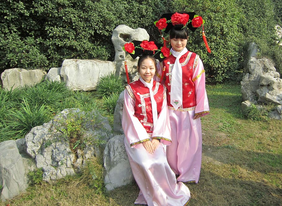 China, Menina, vestido real antigo, traje, rosa, tradicional, criança, duas pessoas, infância, união