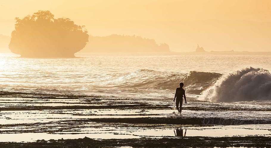 silhouette man, walking, seashore, daytime, coast, fishermen, asahi, wave, sour golden coast, the indian ocean