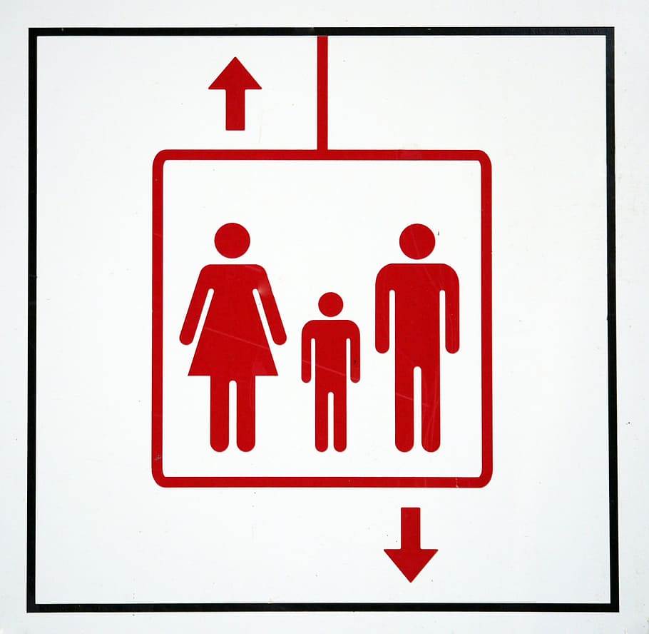nota, elevador, elevador de passageiros, sinal, orientação, para a frente e para trás, pictograma, representação humana, representação, placa