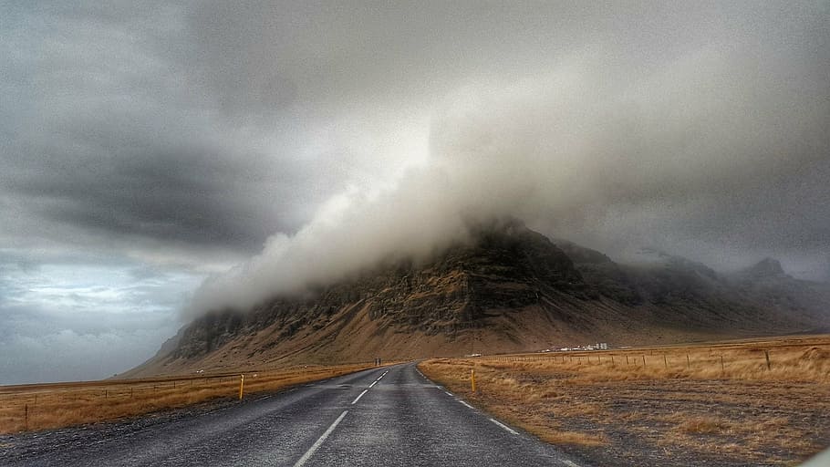 mountain, covered, clouds, fog, hills, road, lane, sky, nature, peak