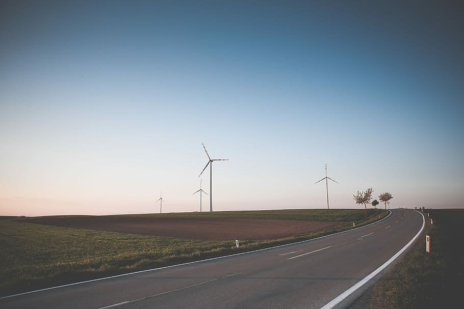 typical, Road, Austria, cloudless, fields, mill, sky, windmill, turbine, wind Turbine