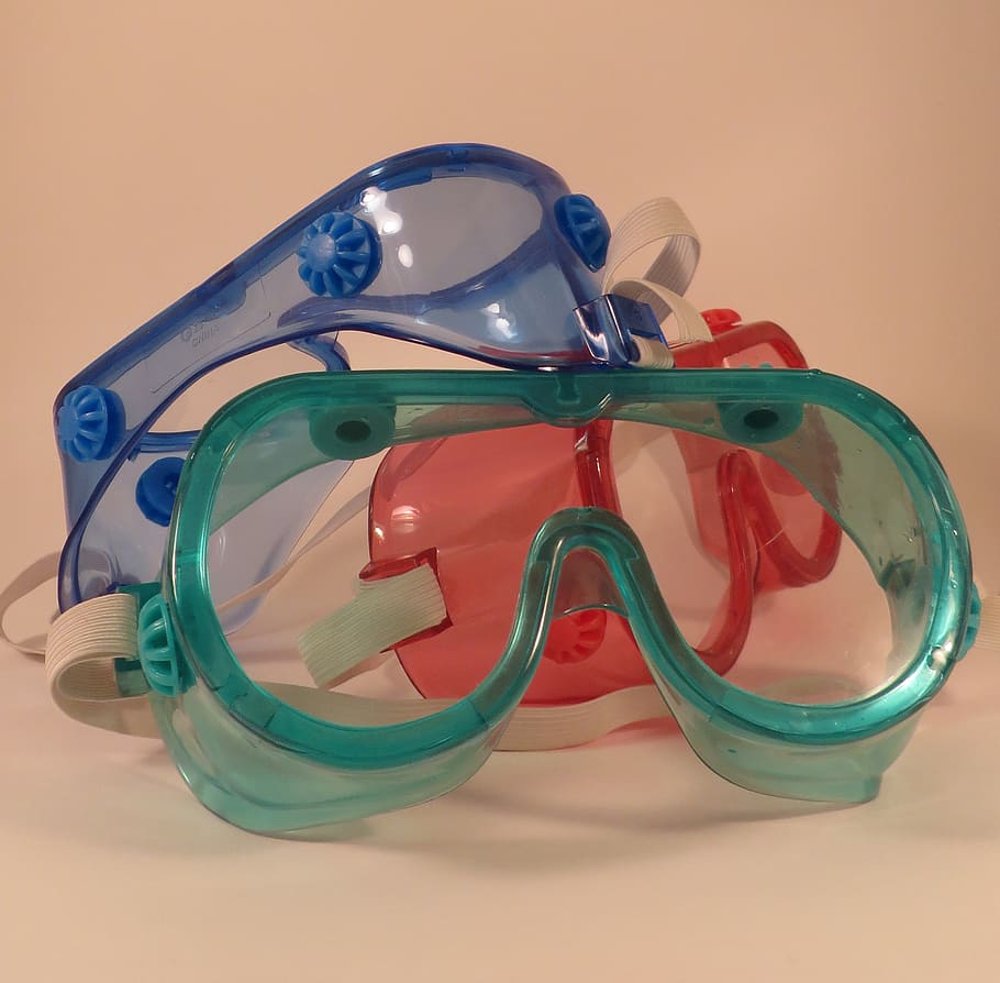 three, assorted-color snorkeling goggles, goggles, safety glasses, eyewear, safety, science, equipment, still life, indoors