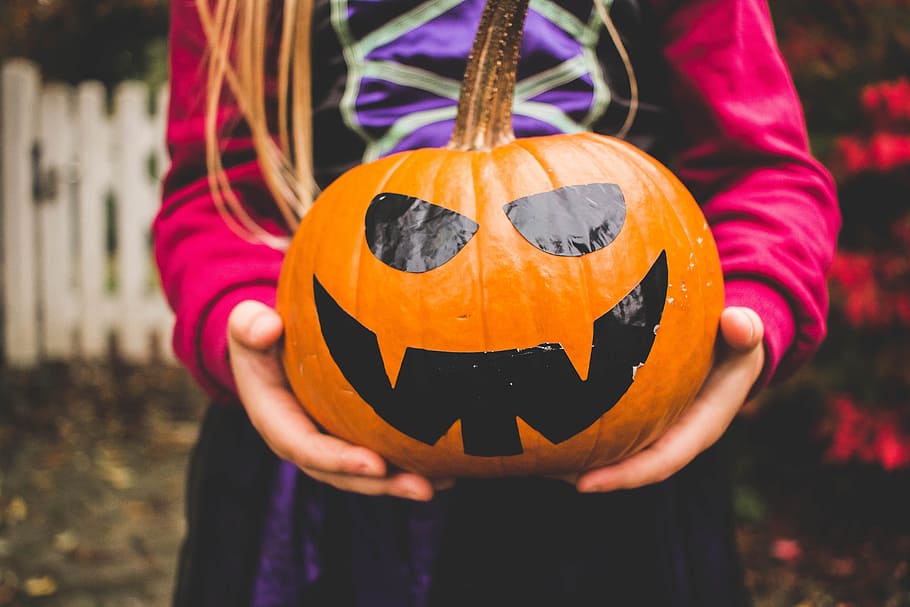 girl, holding, pumpkin head, celebration, creepy, eerie, fall, festival, fun, ghost