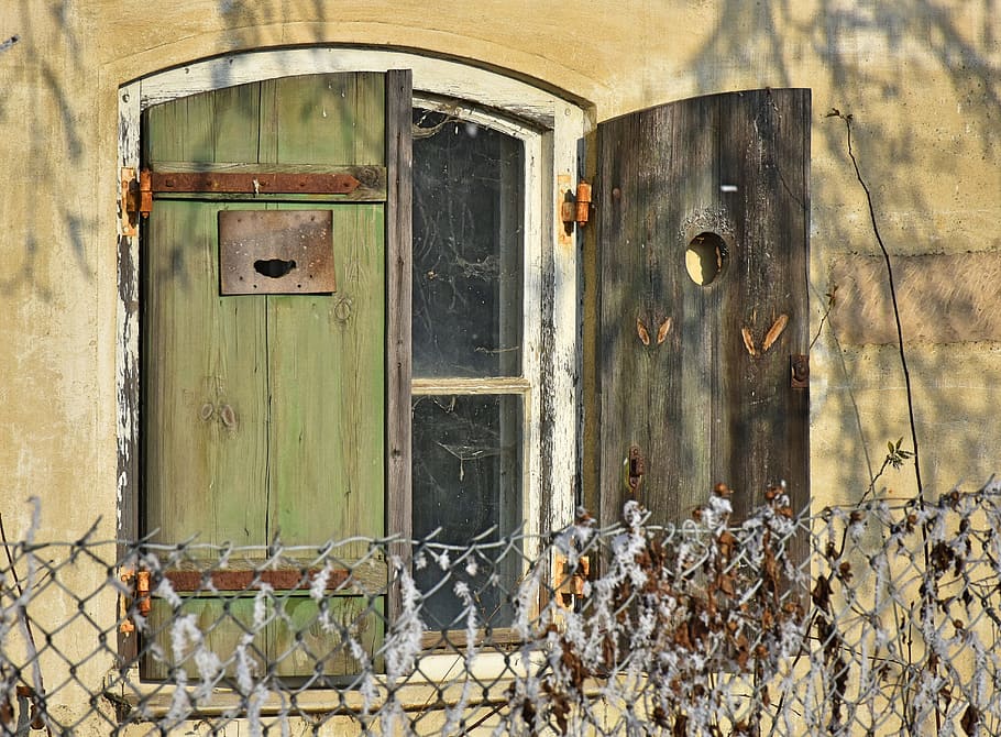 green, wooden, window, beige, house, shutters, wood, wooden windows, fittings, rusty