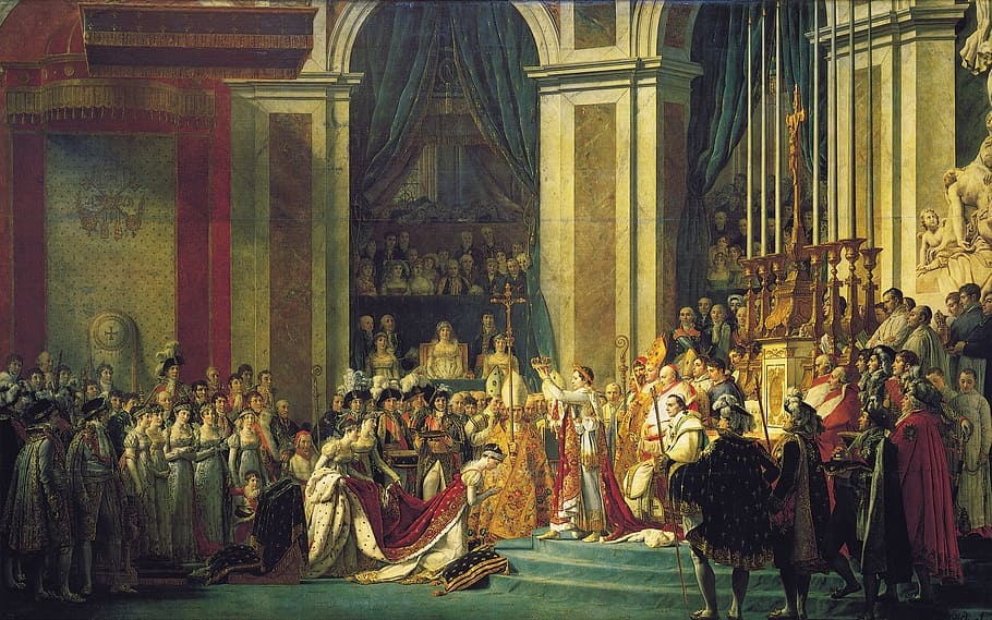 people, inside, castle painting, napoleon, coronation, king, imperator, emperor, jacques louis david, painting