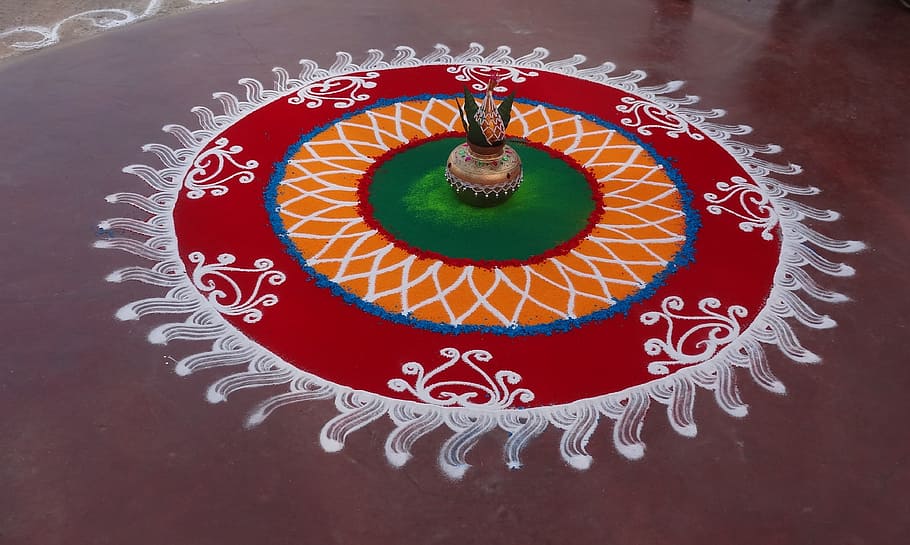 arte de arena de piso, Rangoli, colorido, indio, festival, religión, tradicional, decorativo, decoración, concéntrico