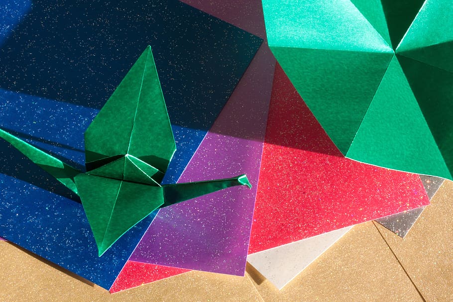 hijau, seni kertas hewan, Origami, Seni Melipat Kertas, lipat, 3 dimensi, objek, derek, secara tradisional, tubuh geometris