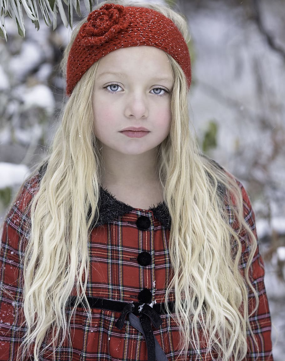 girl, red, headband, beautiful girl, snow, winter wonderland, cold, fashion, winter, snowfall