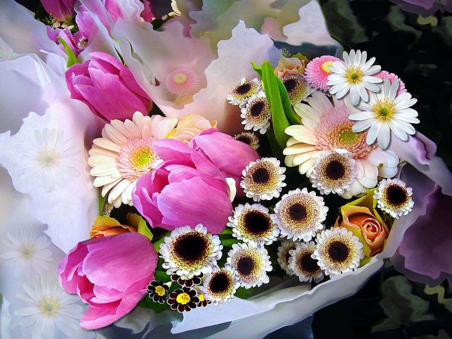 variety, flower bouquet, bouquet, flowers, bouquet of flowers, bunch of flowers, tulips, spring, daisy, gerber