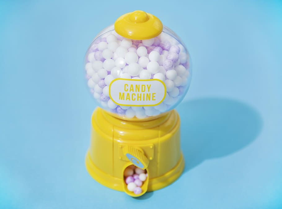 candy machine dispenser, automatically, background, balls, blue, bright, candy, chewing gum, children, close up