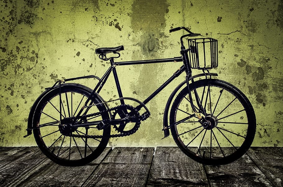 black, commuter bicycle, green, background, old, bike, street, white, brown, classic
