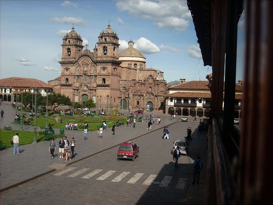 view, cars, people, road, cusco, street, peru, plaza de armas, church, cathedral