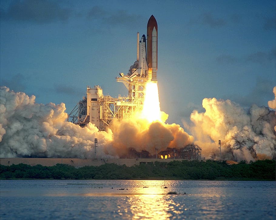 launching, space shuttle, daytime, atlantis space shuttle, launch, reflection, water, mission, astronauts, liftoff