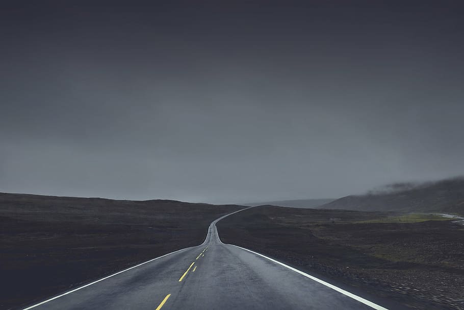 landscape photo, road, empty, asphalt, gray, sky, rural, highway, countryside, horizon