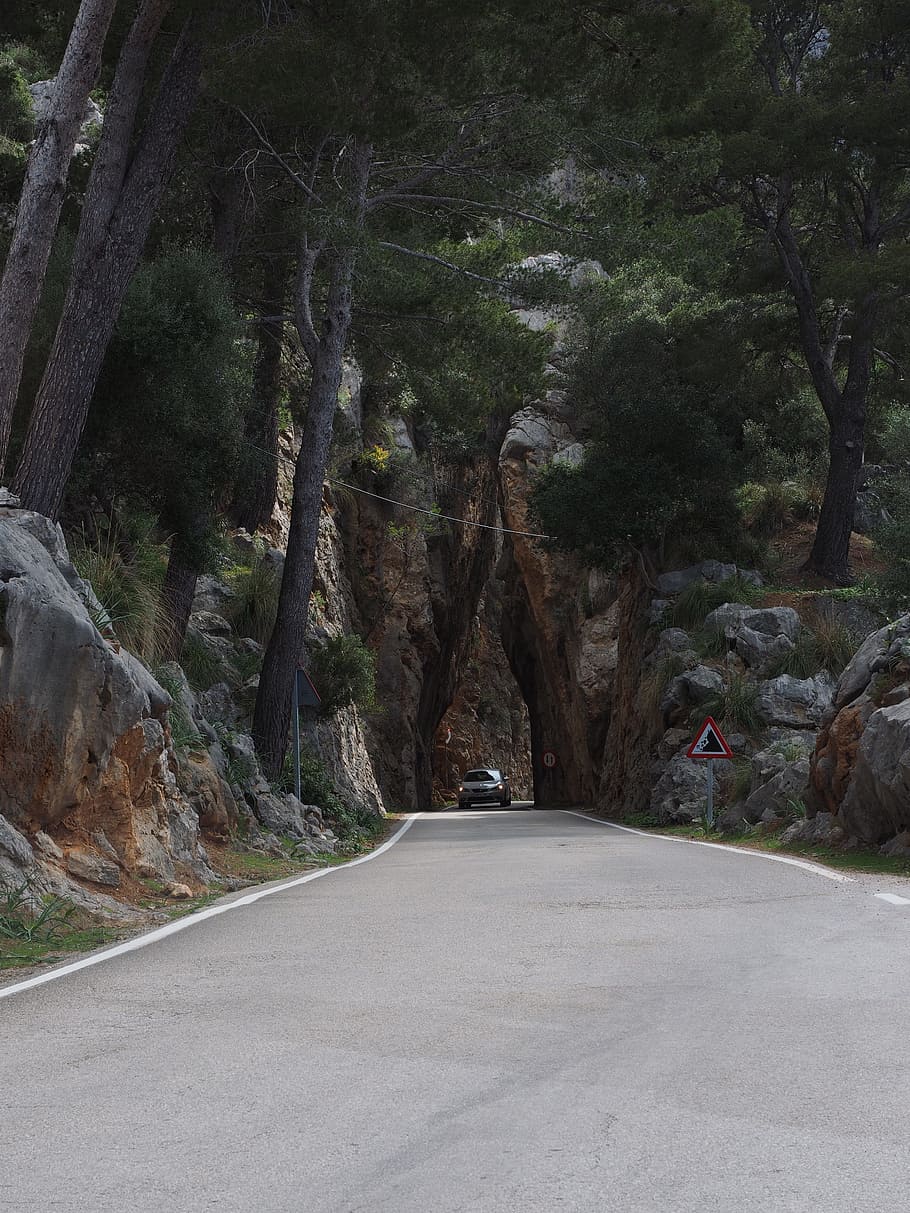 black, vehicle, road, rock mountains, trees, breakthrough, passage, serpentine road, ma-2141, mallorca