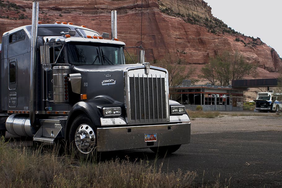 grey, semi truck, brown, mountain, daytime, big truck, tractor trailer, industry, freight, semi