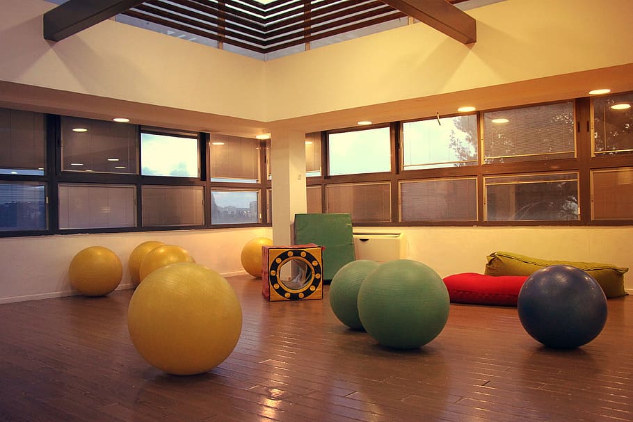 assorted-color stability ball, Gymboree, Balls, Big, Light, Empty, hall, big, light, room, fitness