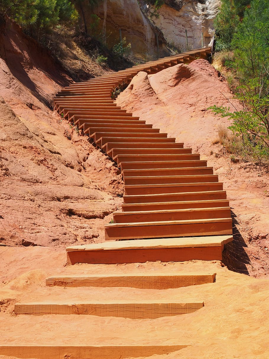 brown, curved, stair case, stairs, gradually, nature park, rise, emergence, ocher rocks, ocher