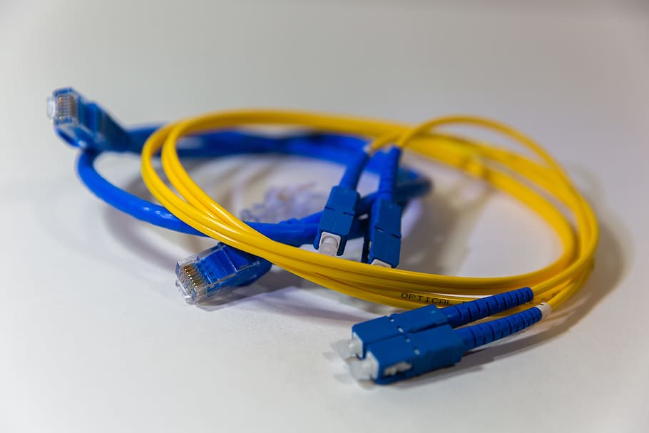 푸른, 노랑, 이더넷 케이블, 광섬유, 광학, 네트워크, 네트워킹, 통신, 데이터, 케이블