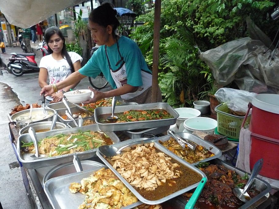 woman, wearing, white, brown, apron, bangkok, eat, food, nutrition, feed