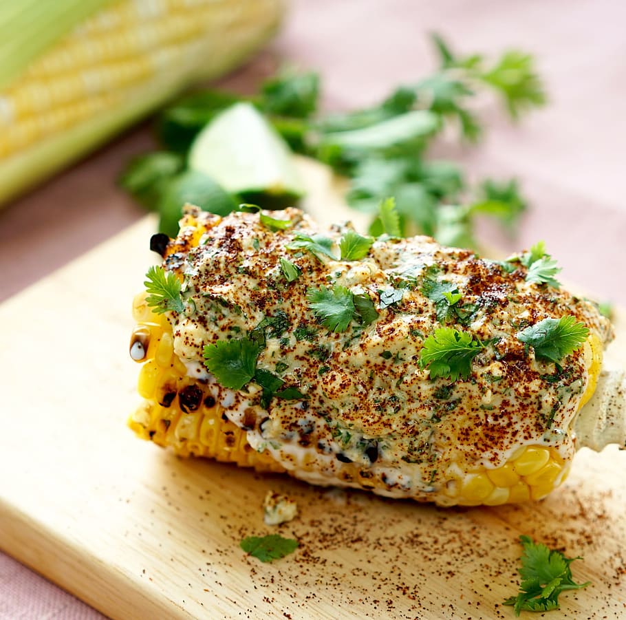 corn, butter, spices, parsley, beige, wooden, chopping, board, mexican, food