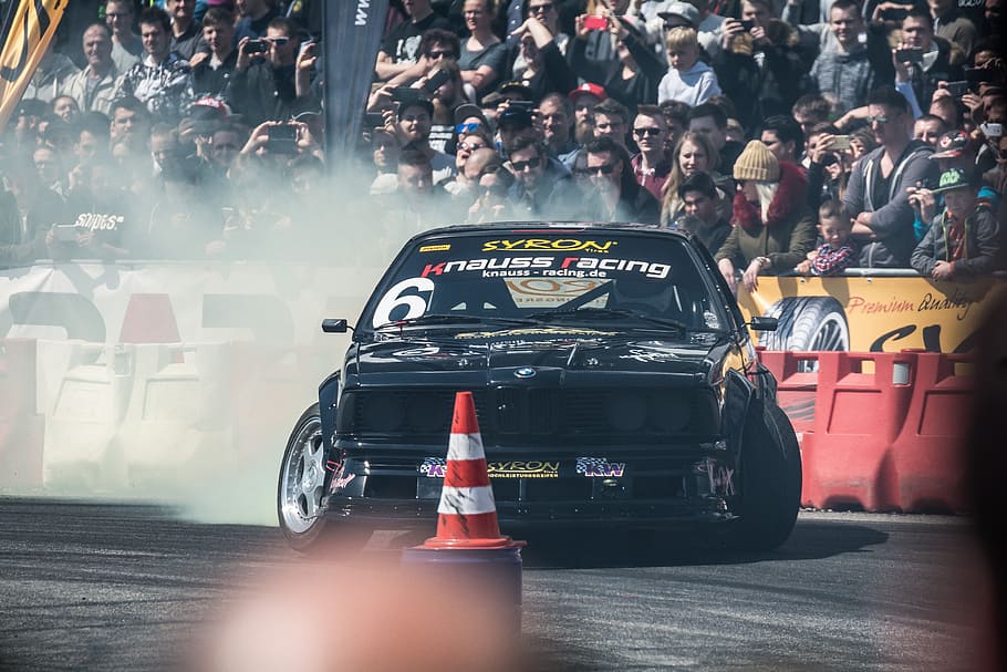 tuning world, car, drifting, gritty, smoke, transportation, mode of transportation, crowd, large group of people, group of people