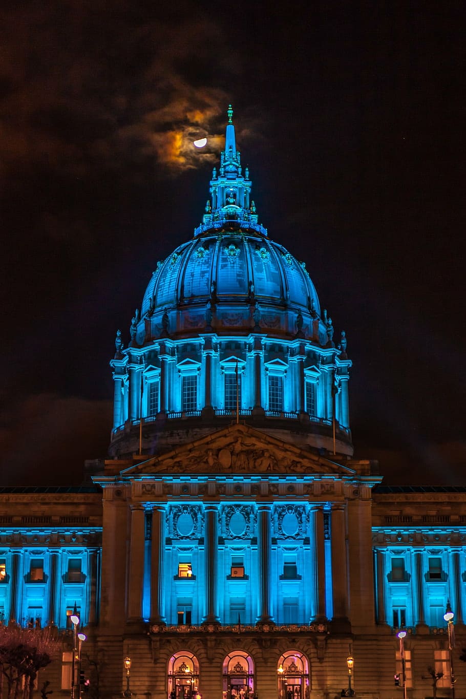 lighted, white, concrete, dome building, nighttime, san francisco, city hall, california, city, hall