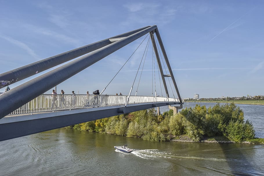 bridge, architecture, river, water, city, rhine, düsseldorf, port, metal, building