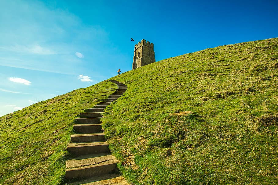 beige, castle, mountain, glastonbury, england, monument, history, architecture, outdoors, staircase