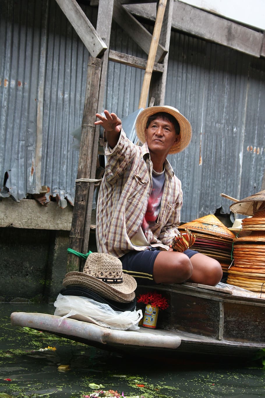 floating market, thailand, asia, thai, man, selling, hats, hat, one person, clothing