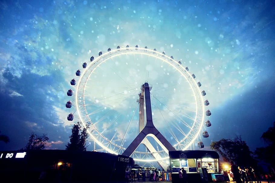 Ferris Wheel, Beautiful, the ferris wheel, blue, travel destinations, sky, night, outdoors, cityscape, city