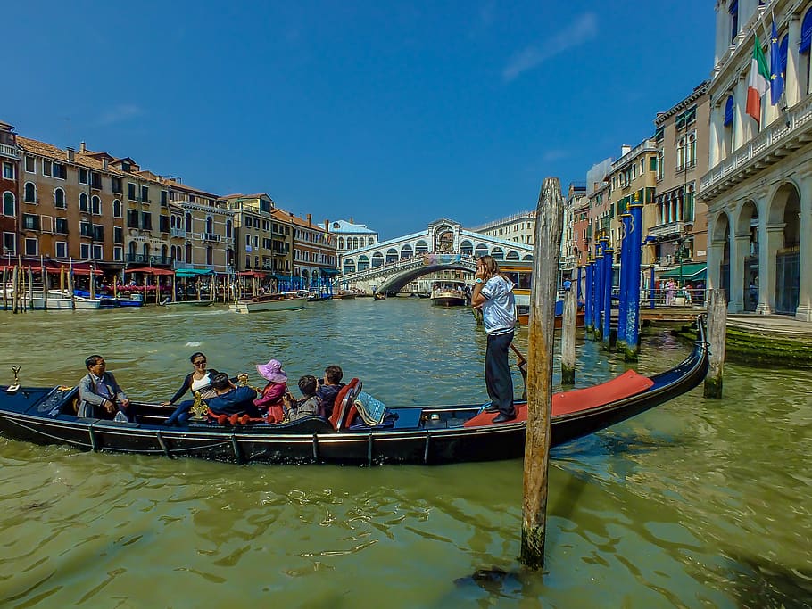 architecture, building, canal, city, day, europe, gondola, gondolier, grand, italy