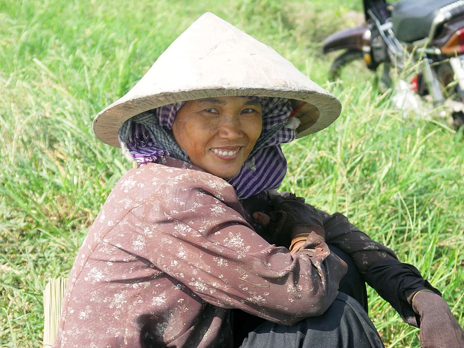 vietnam, woman, paddy, clothing, hat, smiling, portrait, one person, day, field