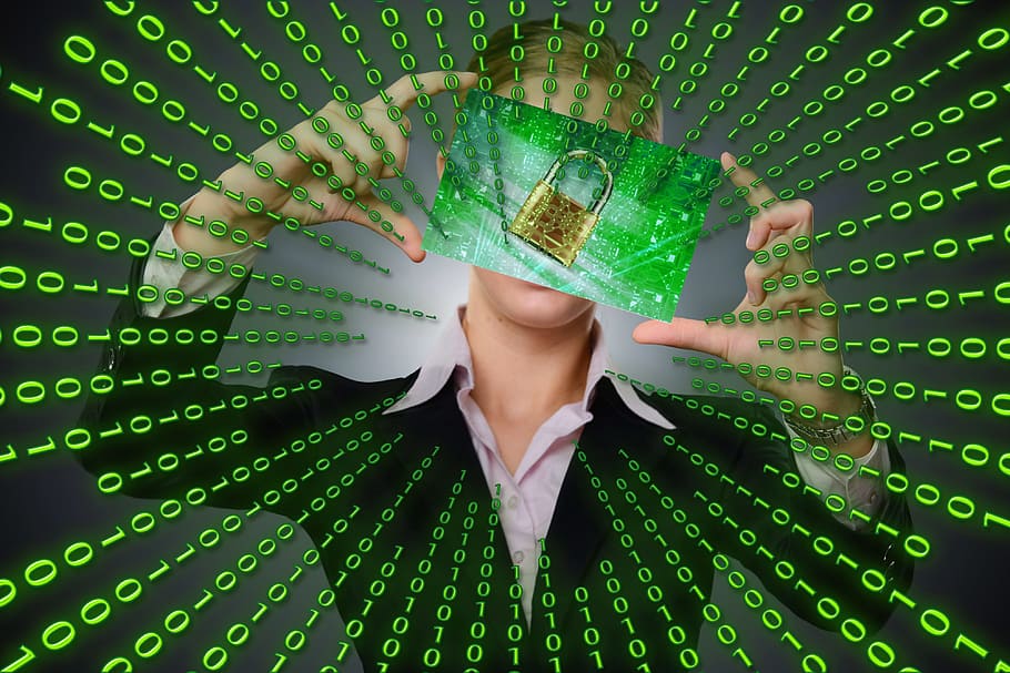 Persona, tenencia, verde, ilustración de tarjeta, matriz, binario, seguridad, privado, privacidad, código