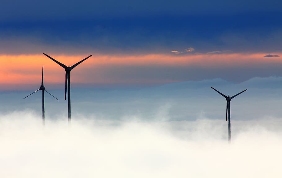 three, black, wind mills, windräder, wind power, fichtelberg, wind park, fog, wind turbine, alternative energy