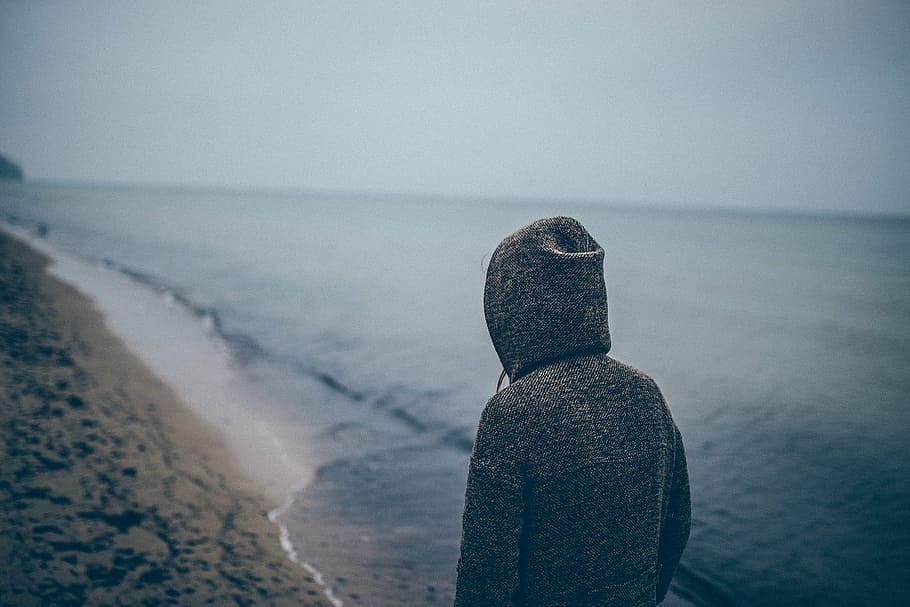 man, front, seashore, gray, hoodie, walking, along, daytime, dark, grey