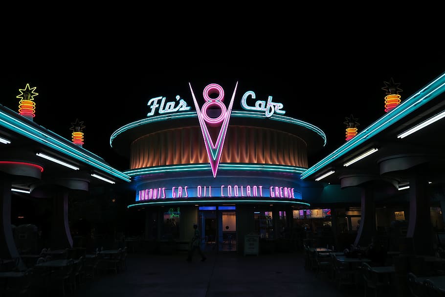 Flo, Café, Disneyland, Racers, Neon, flo's café, tanda, jalan, malam, cahaya