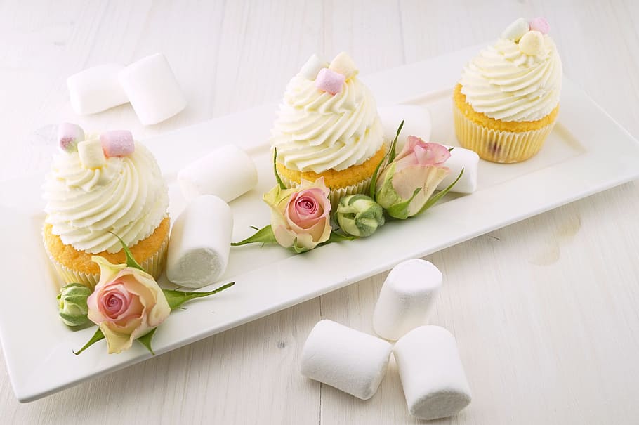 three, cupcakes, served, white, ceramic, plate, baking, butter, candy, cream
