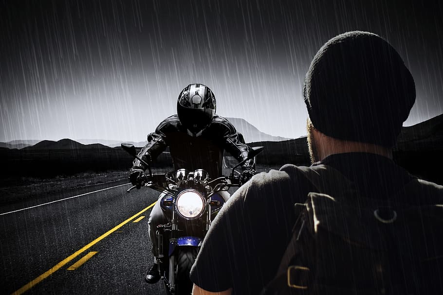 man, machine, motorcycle, helmet, road, night, rain, mountains, landscape, imagination