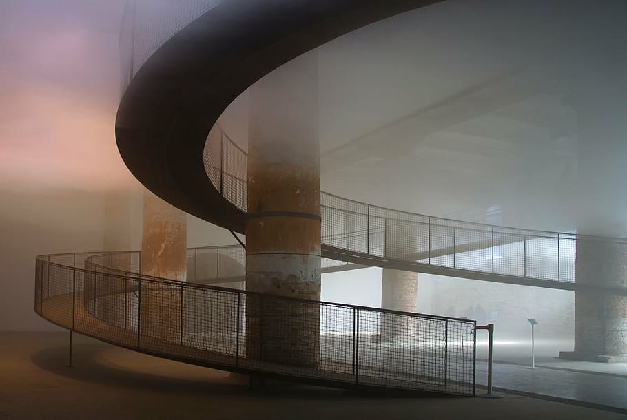 foggy, concrete, stairway, inside, building, daytime, architecture, infrastructure, interior, fog spiral