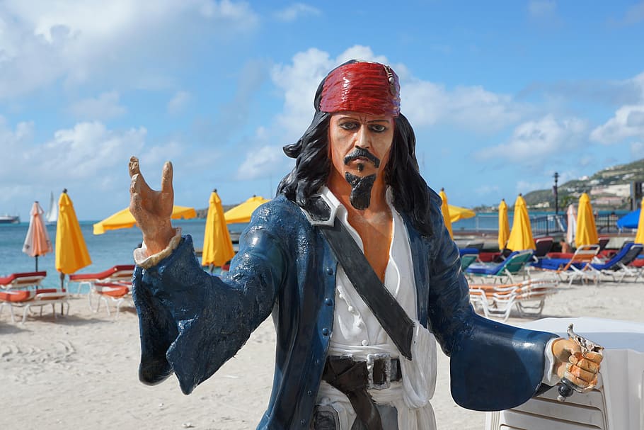captain, jack, sparrow statue, pirate, st maarten, figure, philipsburg, caribbean, robbery, sea