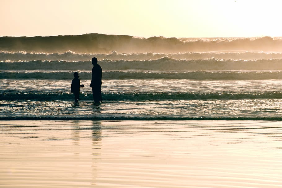dos, persona, en pie, orilla del mar, olas del mar, dorado, hora, silueta, puesta de sol, personas