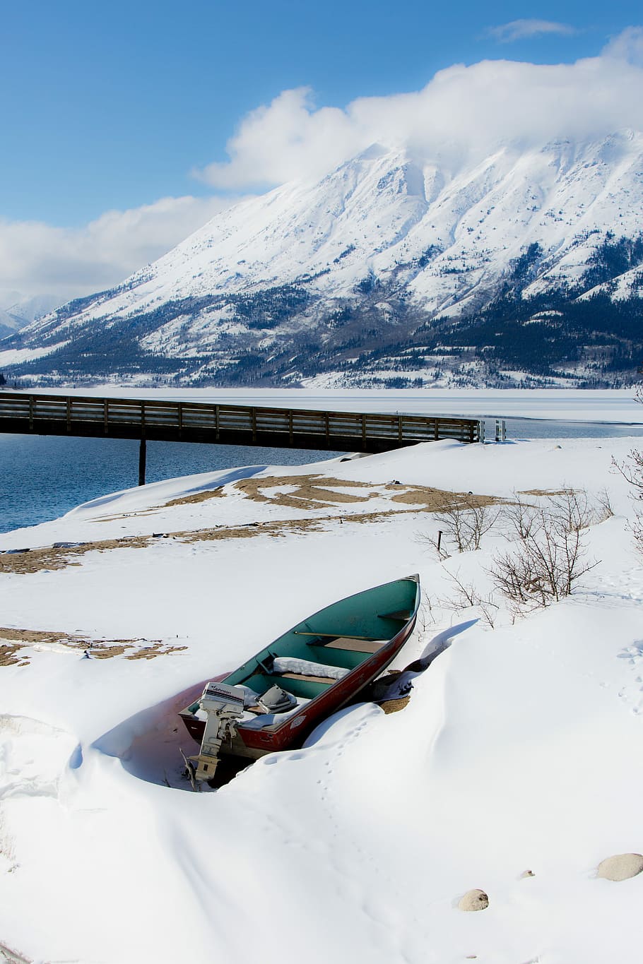 brown, blue, body, water, daytime, Yukon, Snow, Boat, Outdoors, Nature